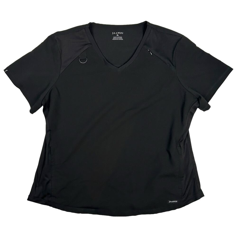 Jaanuu Womens Size XL V Neck Mesh Panel Scrub Top Zip Pockets D Ring Black